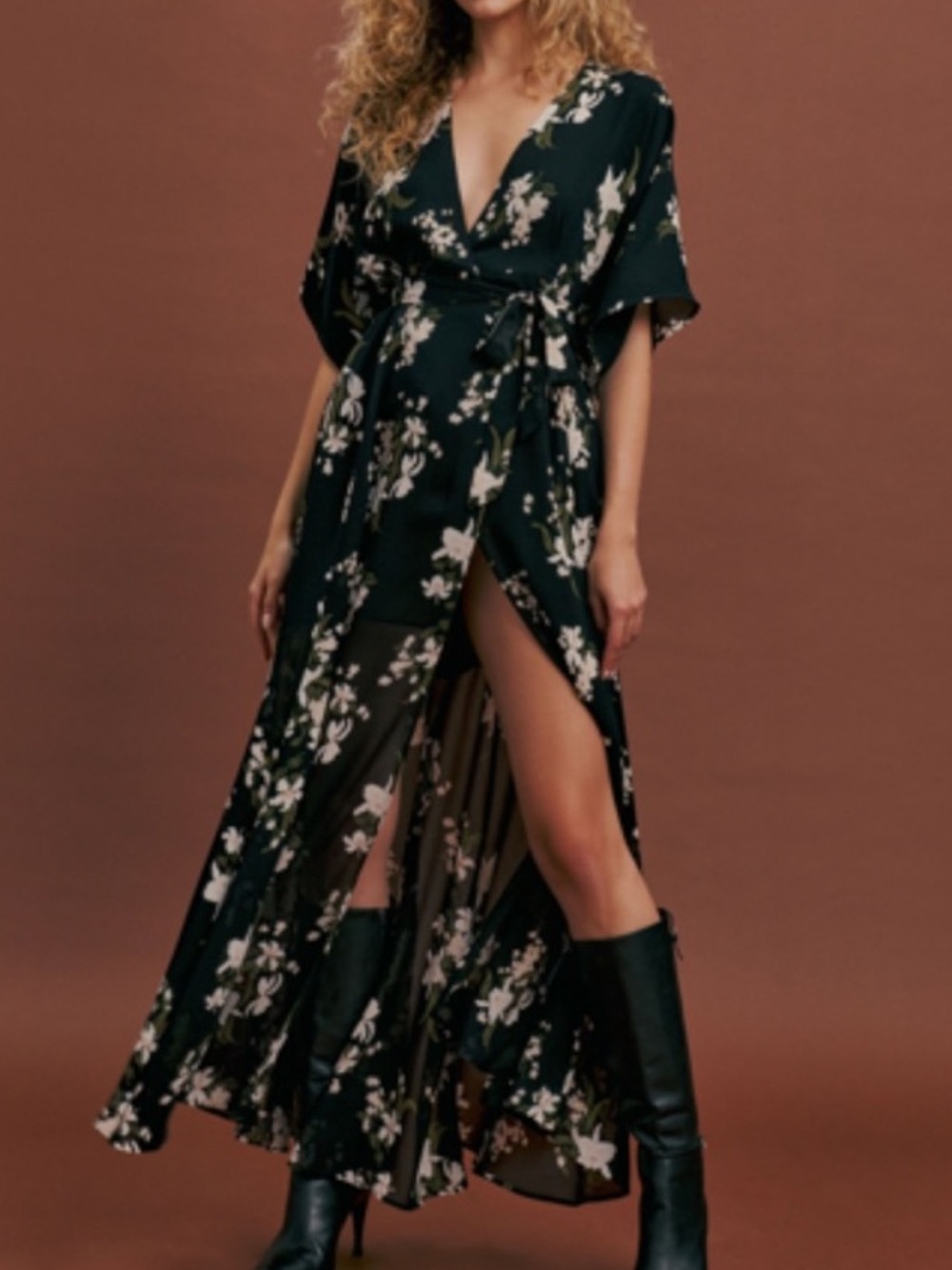 Reformation Black Floral Wrap Maxi Dress with High Slit never worn